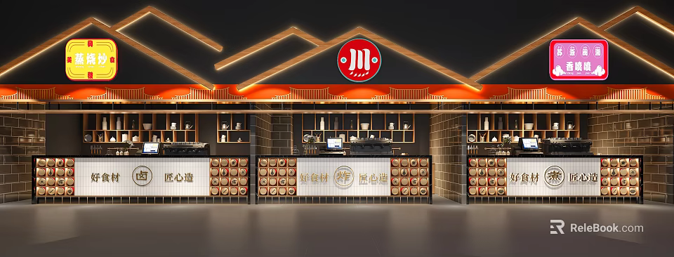 Modern Sichuan Restaurant Interior With Warm Lighting Counter Signage And Displayed Bowls 3d model 