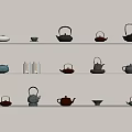 Decorative Ceramic Teapots Arranged On White Shelves With Various Styles 3d model