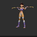 Game Female Character Brown Hair Green Eyes Purple Top Yellow Pants Purple Boots Holding Staff