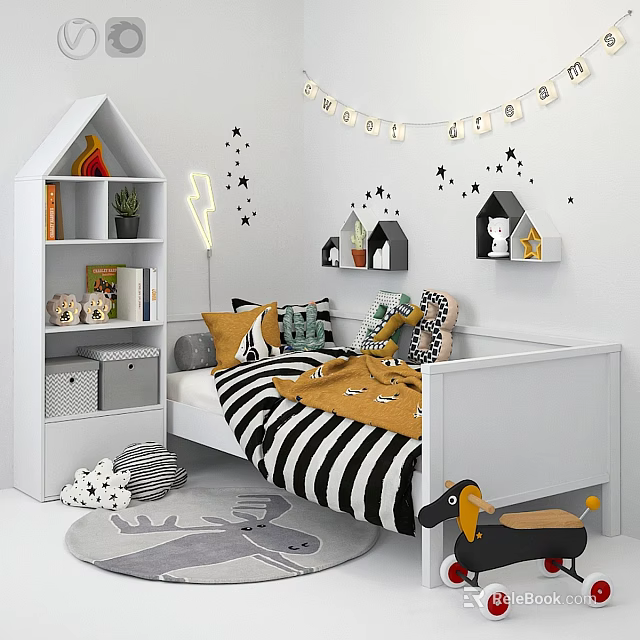 Cozy White Kids Bed With Black And White Striped Bedding Star Wall Decor And Toys 3d model 