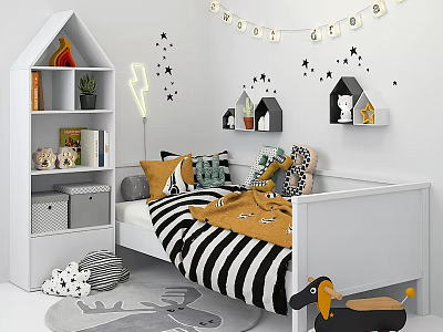 Cozy White Kids Bed With Black And White Striped Bedding Star Wall Decor And Toys 3d model
