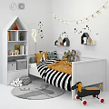 Cozy White Kids Bed With Black And White Striped Bedding Star Wall Decor And Toys