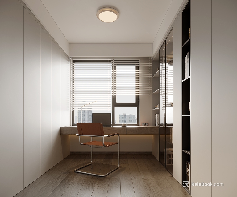Modern Study Room Interior Design With White Cabinets Brown Chair And Wooden Floor 3d model 