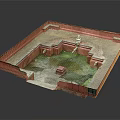 Architectural Model Of Garden With Red Border Green Water Feature And Central Tower