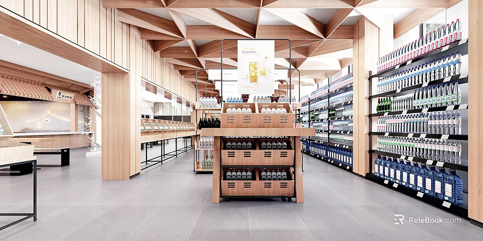 Modern Supermarket Interior With Wooden Ceiling Central Display Rack Side Shelves And Assorted Beverages 3d model 