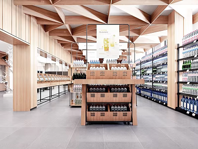 Modern Supermarket Interior With Wooden Ceiling Central Display Rack Side Shelves And Assorted Beverages 3d model