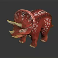 Game Movie Character Red Triceratops With White Spots And Horned Head In Cartoon Fantasy Style
