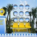 Bonsai Potted Plants With Palm Trees Cactus Yellow Chairs And Blue White Checkered Floor