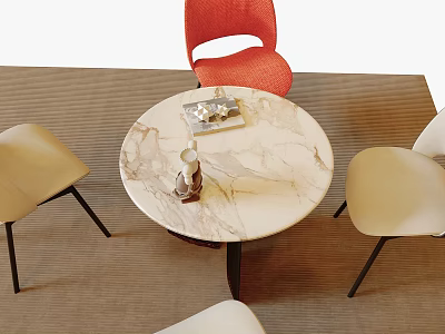 Elegant Round Marble Dining Set With Red And Beige Chairs Four Piece 3d model