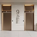 Modern Elevator Lobby Design With Two Doors Number 9 Signage And Trash Cans 3d model