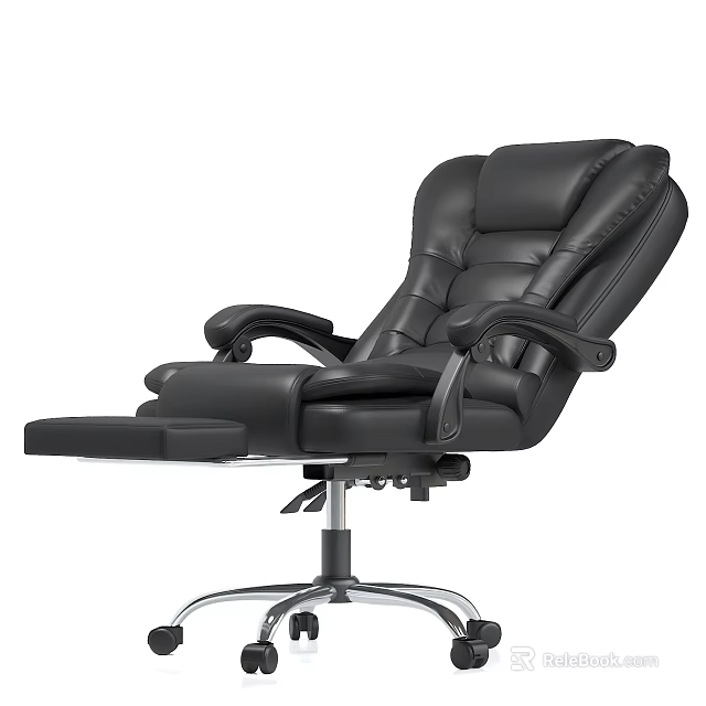 Black Leather Office Chair With Adjustable Armrests Footrest And Metal Base 3d model 