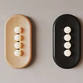 Two Light Wood And Black Wall Lamps With Oval Base And Three White Spheres