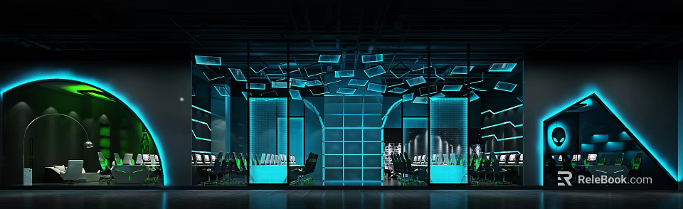 Modern Dark Room Interior With Glass Walls Blue Neon Lights Suspended Panels And Desks 3d model 