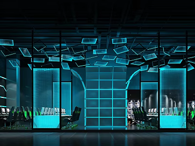 Modern Dark Room Interior With Glass Walls Blue Neon Lights Suspended Panels And Desks 3d model