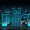 Modern Dark Room Interior With Glass Walls Blue Neon Lights Suspended Panels And Desks