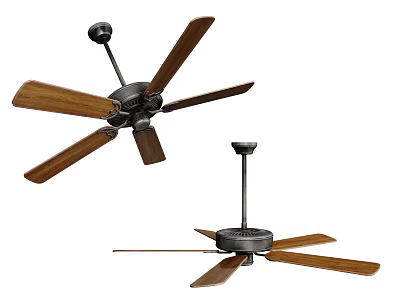 Two Ceiling Fans With Wooden Blades And Metal Frame For Home Decor Style 3d model