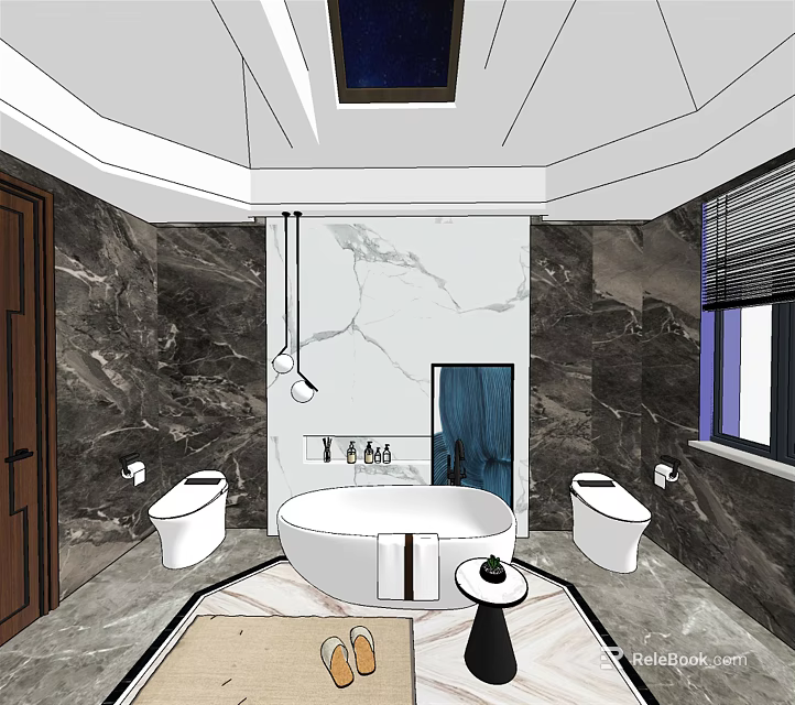 Hotel Bathroom Interior With Marble Walls Freestanding Bathtub Double Toilets Skylight And Hanging Lights 3d model 