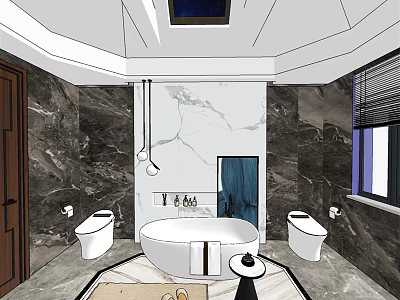 Hotel Bathroom Interior With Marble Walls Freestanding Bathtub Double Toilets Skylight And Hanging Lights 3d model