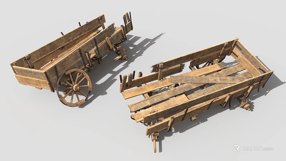 Vintage Wooden Decorative Cart Set with Aged Wheels and Plank Details 3d model 