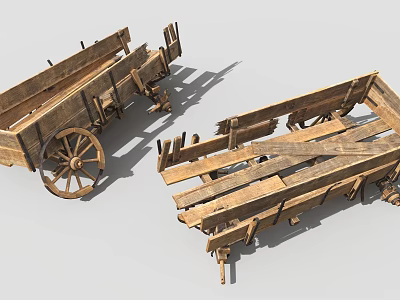 Vintage Wooden Decorative Cart Set with Aged Wheels and Plank Details 3d model