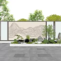 Modern Garden Feature Wall With Decorative Wavy Pattern And Surrounding Green Plants 3d model