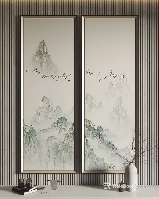 Chinese Style Landscape Painting With Misty Mountains Clouds And Bamboo Branches 3d model 
