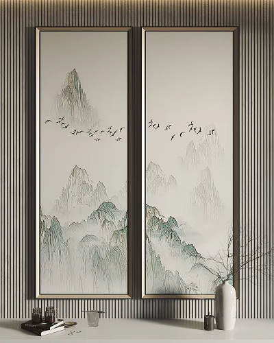 Chinese Style Landscape Painting With Misty Mountains Clouds And Bamboo Branches 3d model