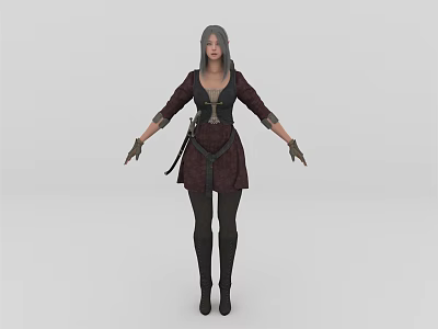 Woman With Gray Hair Wearing Crimson And Black Outfit Black Gloves And Long Boots 3d model