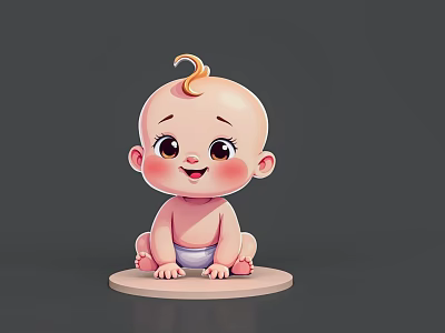 Cute Baby Sitting On Round Base With Curly Hair And Smiling Face 3d model