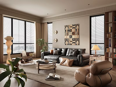 Modern Apartment Living Room Featuring Black Leather Sofa Brown Armchair Abstract Painting Bookshelf Blinds Windows 3d model