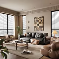 Modern Apartment Living Room Featuring Black Leather Sofa Brown Armchair Abstract Painting Bookshelf Blinds Windows
