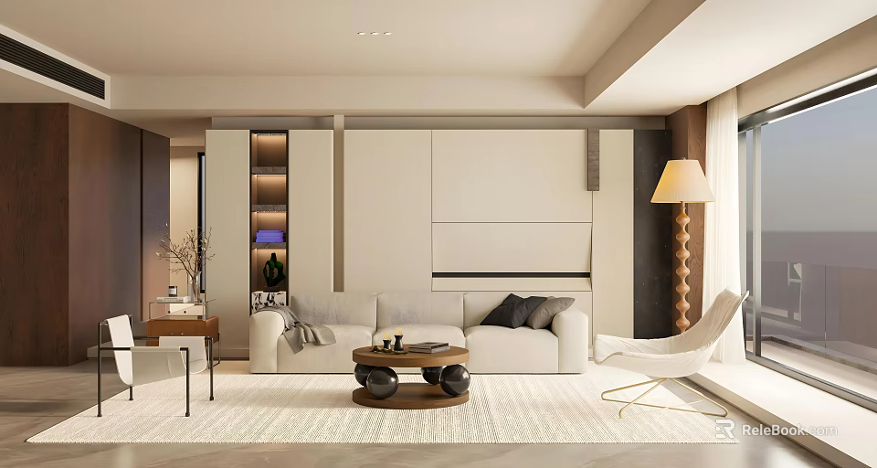 Modern Minimalist Living Room Interior with White Sofa Coffee Table Floor Lamp Bookshelf and Rug 3d model 