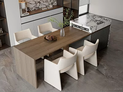 Modern Kitchen Interior With Wooden Island And White Dining Chairs 3d model