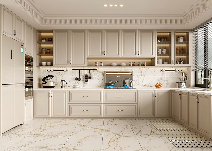 Modern White Kitchen Interior With Marble Countertop Cabinets Built in Appliances And Floor Tiles 3d model 