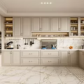 Modern White Kitchen Interior With Marble Countertop Cabinets Built in Appliances And Floor Tiles