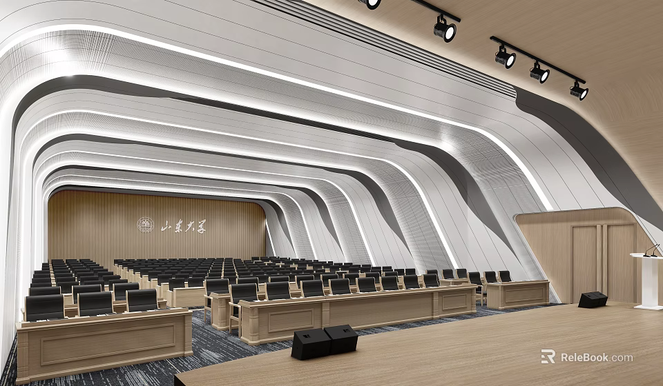 Modern Large Conference Room Featuring Curved Ceiling Lighting Wooden Walls Neatly Arranged Tables Chairs Podium 3d model 