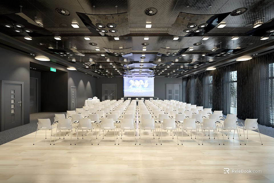 Spacious Modern Conference Room With White Chairs Front Projection Screen Ceiling Lights And Wooden Floor 3d model 