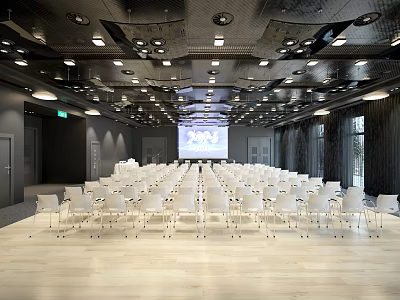 Spacious Modern Conference Room With White Chairs Front Projection Screen Ceiling Lights And Wooden Floor 3d model