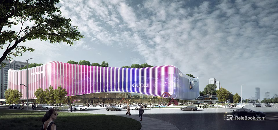 Modern Commercial Complex With Pink Purple Striped Curved Facade Featuring GUCCI Logo Trees People Cars 3d model 