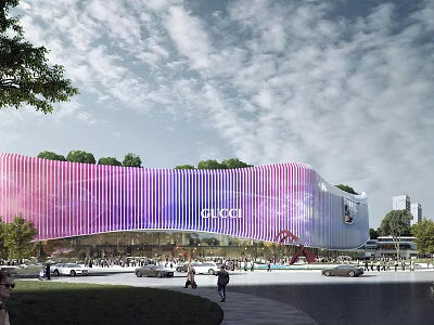 Modern Commercial Complex With Pink Purple Striped Curved Facade Featuring GUCCI Logo Trees People Cars 3d model