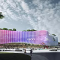 Modern Commercial Complex With Pink Purple Striped Curved Facade Featuring GUCCI Logo Trees People Cars