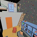 Cartoon Scene of Playful Kids Room with Colorful Climbing Wall Yellow Floor and Blue Bookshelf