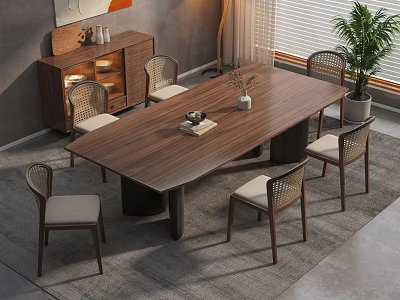 Modern Walnut Dining Table Set With Wicker Chairs Wooden Cabinet And Potted Plant 3d model