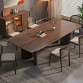 Modern Walnut Dining Table Set With Wicker Chairs Wooden Cabinet And Potted Plant