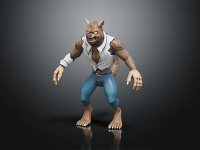 Half Man Half Wolf Character With Muscular Build Sharp Claws White Shirt And Blue Pants 3d model