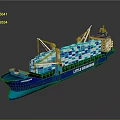 Blue Container Ship With Stacked Blue And White Containers And Deck Cranes 3d model