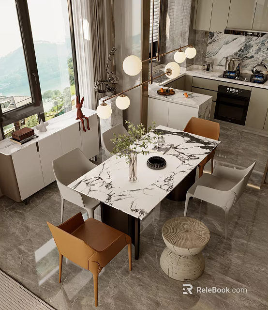 Modern Restaurant Interior With Marble Dining Table Green Plants Pendant Lights And Open Kitchen 3d model