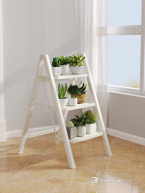 White Ladder Shelf With Various Potted Plants 3d model 