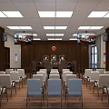 Courtroom Interior Featuring Judge's Bench Public Gallery Chairs Wall Emblem And Ceiling Lights