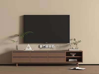 Modern Wooden TV Stand with Decorative Plants Books and Geometric Ornaments 3d model